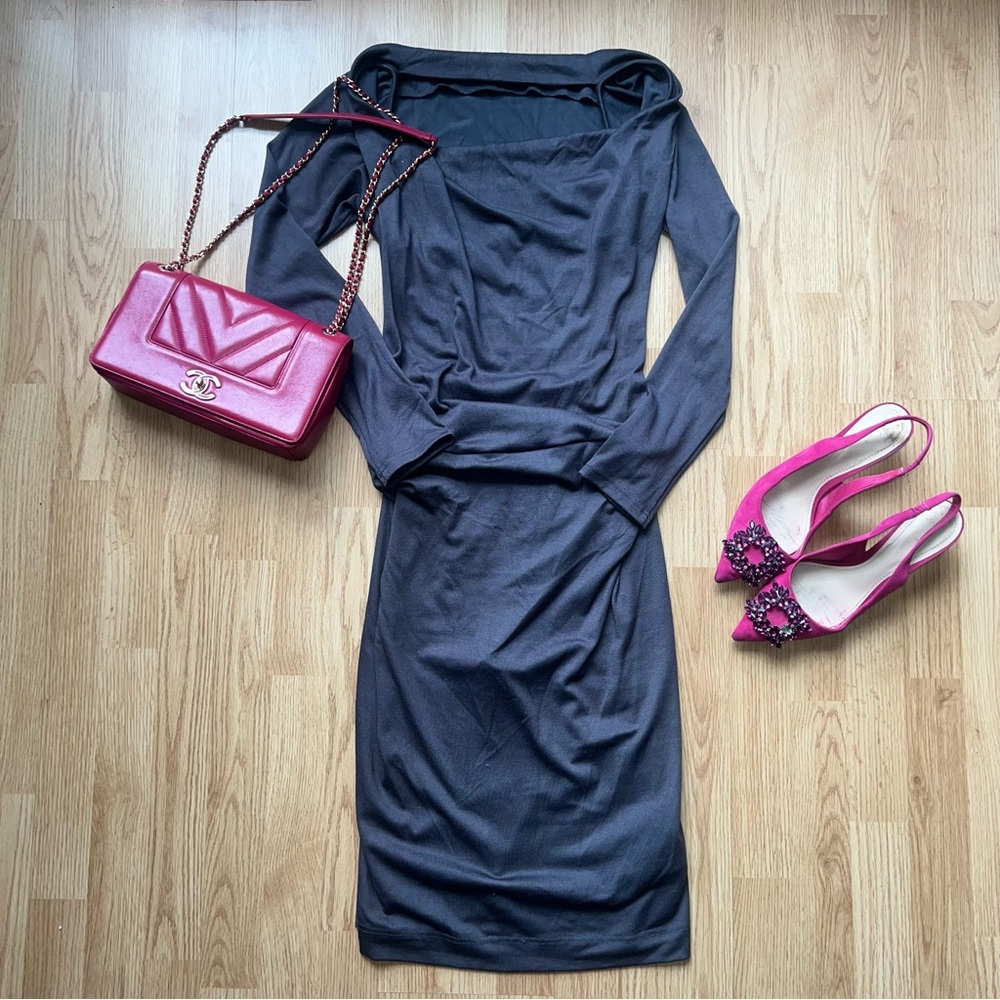 Caribbean Queen dark grey Ruched Long Sleeve faux wrap bodysuit Dress